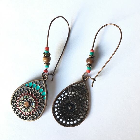 Boho brass tone colorful medallion earrings - Picture 5 of 6
